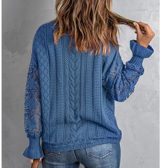 Red Open Knit Round Neck Sweater with Long Lace Flounce Sleeves Sz XL - Picture 4 of 11